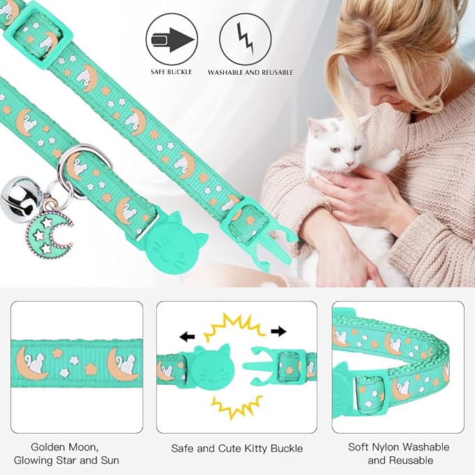 2Pcs Breakaway Cats Collars Cat Collars for Boy & Girl Cats Adjustable Kitten Collars with Bell,Pink+Teal