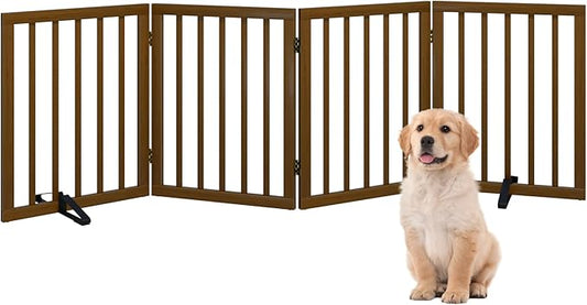 Dog Gate, Freestanding Dog Gates for Doorways, Foldable Dog Gate Indoor, Pet Gates for Doorways Bedroom, Puppy Gate with Metal Support Feet, Room Divider 4 Panels (Walnut)