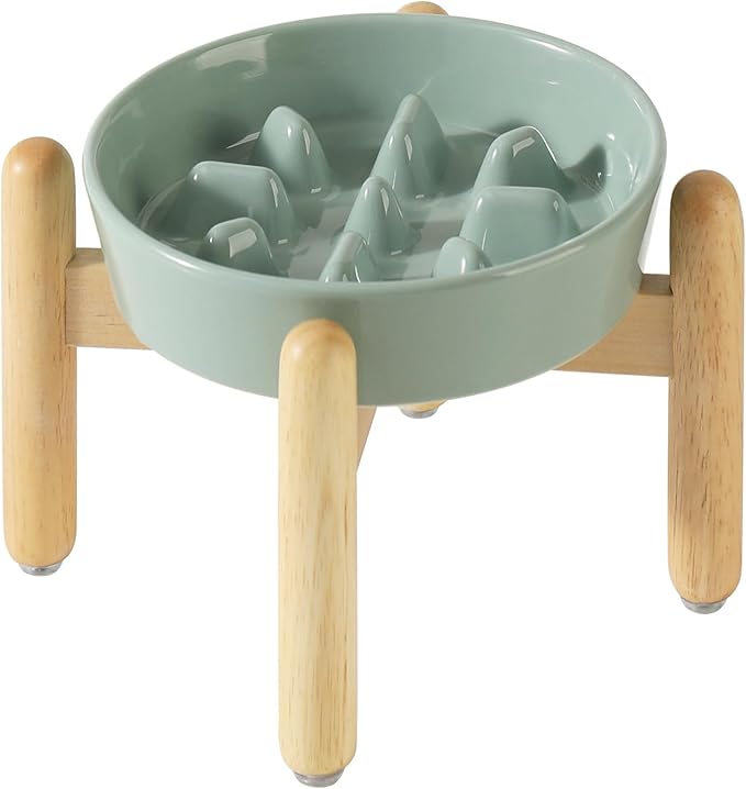 7.3inch Ceramic Dog Raised Slow Feeder Set, Elevated Bowl with Wooden Stand for Medium and Small Dog, Slow Feeder Dish for Fast Easters(Light Green, Single Bowl+ Stand)