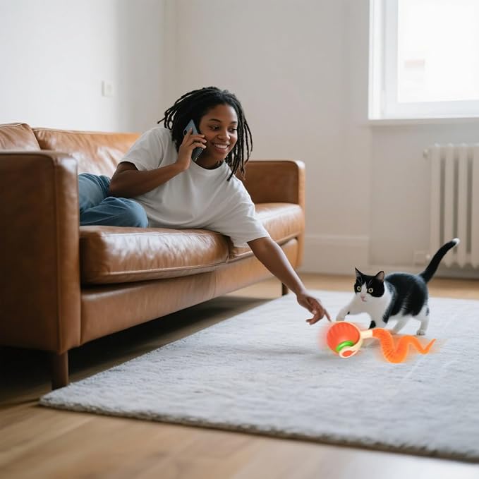 Interactive Cat Toy Ball | Automatic Moving Smart Anti-Depression Pet Toy with Light | Speedy Tail 3.0 Cat Mouse Toy | Electric Rechargeable Enrichment Toy for Indoor Bored Cats & Dogs (Orange)