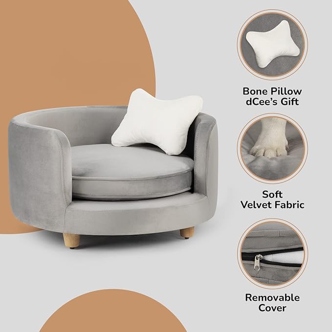 dCee Round Dog Sofa - Cat Couch, Holds up to 50 Lbs, 24 in. Soft Velvety Pet Couch for Comfort Sleep, Joint Support, Dark Grey