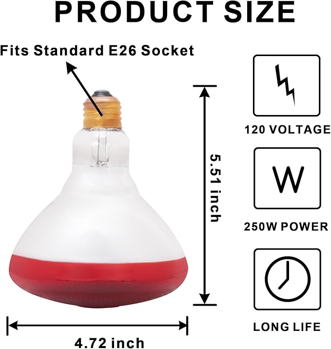 Aiicioo Infrared Heat Lamp Bulb 250W Red Infrared Heat Bulb for Chickens Reptile Heat Light Bulb for Brooder Coop Chicks Pet Reptile Amphibians Par38 Glass E26 Base