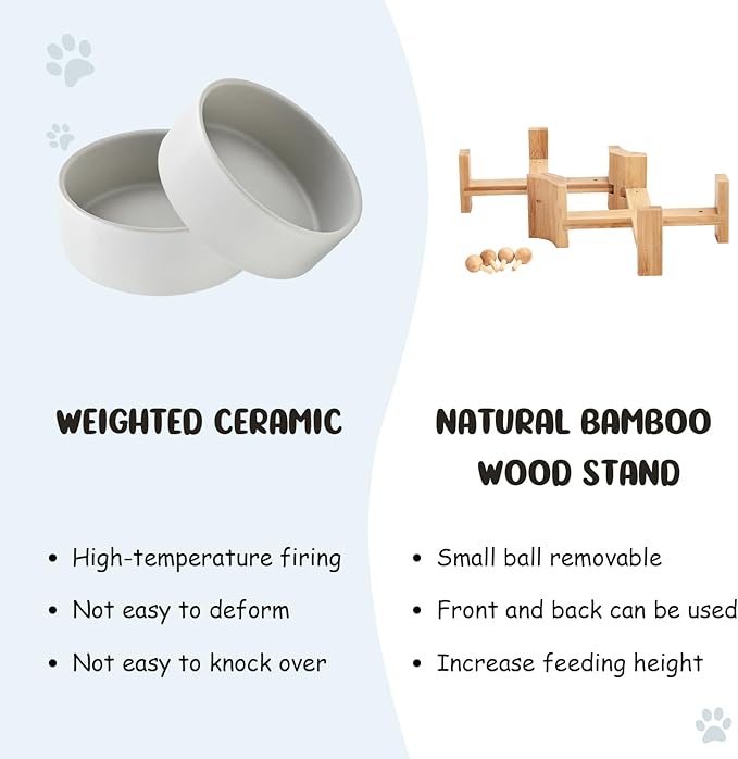 SPUNKYJUNKY 15° Slanted Ceramic Dog and Cat Bowl with Wooden Stand, Tilted Bulldog Food and Water Bowl No Slip Non-Spill for Cats Medium Dogs Big Face Pets 13.5 OZ (1.7 Cups, Grey × 2)