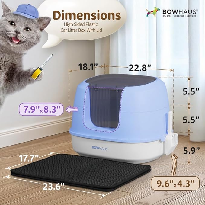 Detachable Cat Litter Box with Lid, 3-in-1 Cat Toilet of Cats, Large Space Anti-Leakage Cat Litter Box with Scoop, Cat Mat & Odor Fitter, Blue