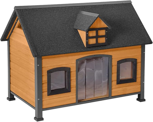 Outdoor Dog House with Iron Frame - Comfortable Shelter for Small to Large Dogs, Ideal for Indoor/Outdoor Use (Wood, L)
