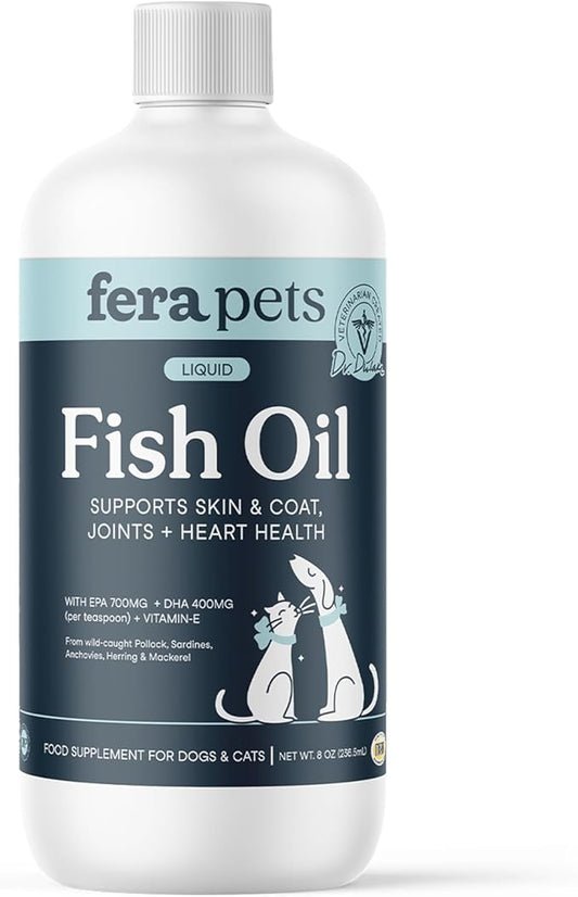 Fera Pet Organics Omega 3 Wild Caught Fish Oil for Dogs & Cats, 8 Oz, EPA & DHA Essential Fatty Acids, Vet Created, Vitamin E, Promotes Healthy Skin & Coat, Joint Support & Immune Health, 48 Servings