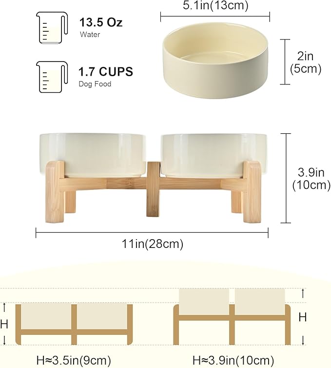 SPUNKYJUNKY Elevated Dog Bowls Ceramic, 5.1'' Dogs and Cat Food Water Bowls Raised with Non-Slip Bamboo Stand for Puppy Small Sized Breed Microwave Dishwasher Safe - 13.5 OZ,Beige