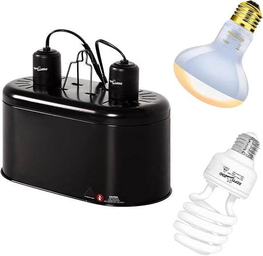 REPTI ZOO Dual Reptile Light Fixture Reptile Heat Lamp Combo Pack, 100W UVA Daylight Basking Spot Light and 26W UVA UVB Reptile Light Energy Saving Spiral Compact Lamp UVB Bulb 5.0