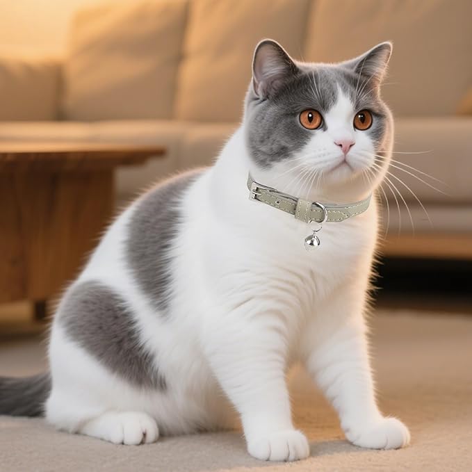 PUPTECK 2 PCS Soft Genuine Leather Cat Kitten Collar with Bells Adjustable for Girl Boy Cats Puppy - Black, Khaki