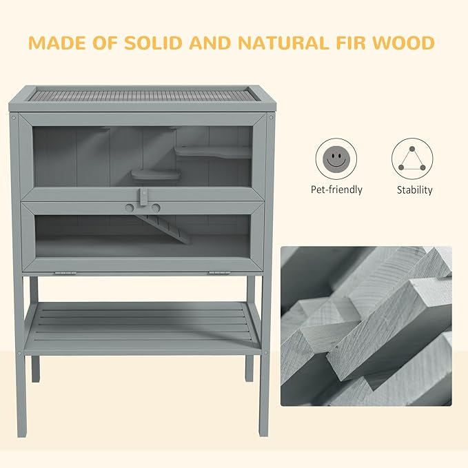 PawHut 3-Tier Wooden Hamster Cage Mice and Rat Cage Small Animals Hutch with Openable Top, Front Door, Storage Shelf, Gray