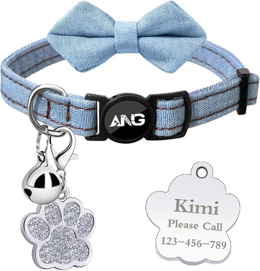 Personalized Breakaway Cat Collars - ID Tag, Bell, Bowtie - Safety Quick-Release, Customized for Girls & Boys Cats (Jean Pattern-Light Blue)