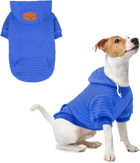 BEAUTYZOO Small Dog Hoodie Sweater with Pockets, Dog Clothes for Small Medium Dogs Boy Girl, Waffle-Like Laminated Cotton Pet Coats with Hat and Leash Hole, Blue S