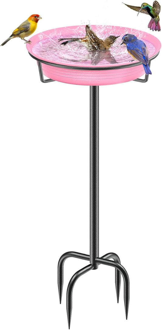 28In Freestanding Birdbaths Bowl Outdoor, Standing Garden Bird Bath Bird Feeder Bowl with Metal Stake, Detachable Decoration Spa Birdfeeder for Garden Patio Yard Lawn, 4 Spiky Feet (Pink)
