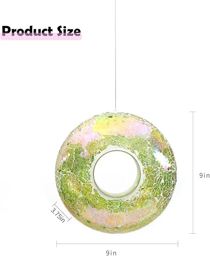 Topadorn Bird Feeder Fly Through Mosaic Round Stained-Glass Birdfeeder, Outdoor Hanging Birdfeeder Squirrels-Proof for Garden Decoration Gift, Green Bird Feeder, 9"