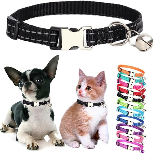 Black Puppy Collar with Bell, Reflective Nylon XS Cat Collars Soft Adjustable Buckle for XXS XSmall Small Puppy Female Tiny Pets Dogs Boy Girl Kitten Yorkie Chihuahua X-Small
