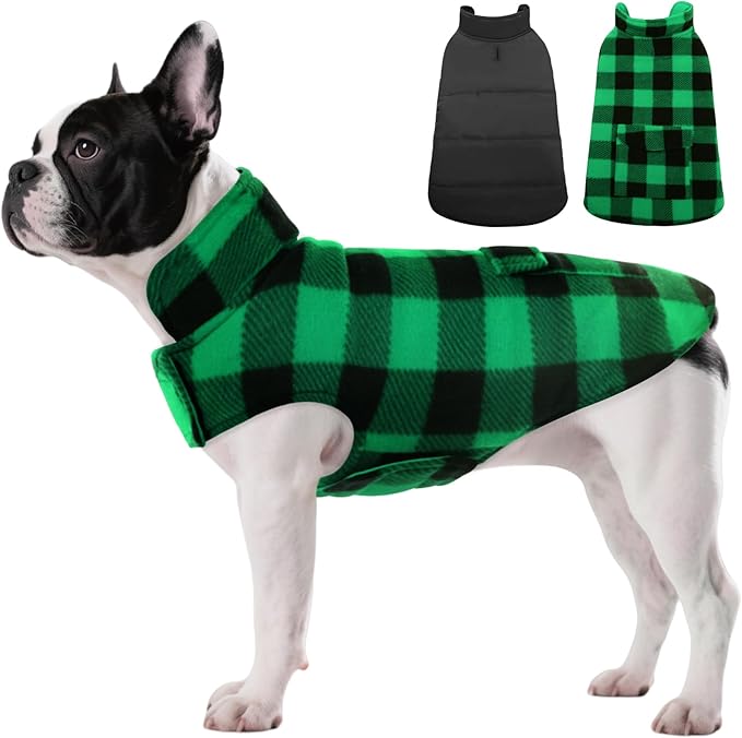 ASENKU Dog Winter Coat, Fleece Doggie Jacket Plaid Reversible Vest Waterproof Windproof Cold Weather Clothes for Small Medium Large Dogs (S, Green)