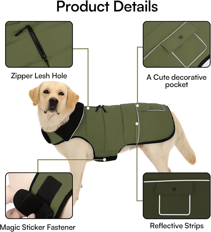 Dog Coat, Large Dog Jacket, Windproof Dogs Puffer Jacket, Fleece Lined Warm Dogs Winter Coat with Harness Hole(Army Green 3XL)