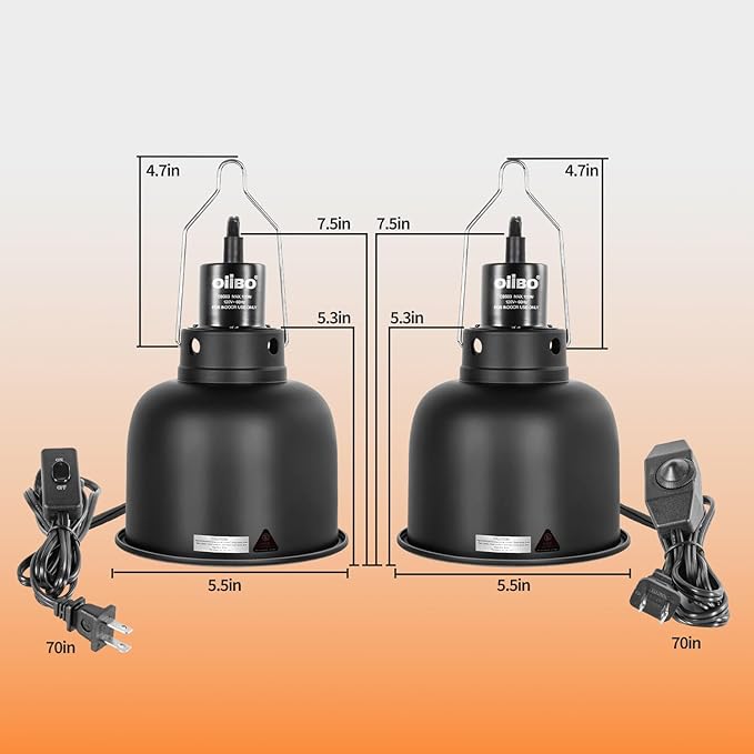Oiibo 5.5 Inch Reptile Light Fixture with Dimming/Separate Switches, 2 Packs Deep Dome Lamp Cap Reflector Cover, UVB Light Heat Lamp Fixture for Reptile Glass Terrariums, Max 100W Black