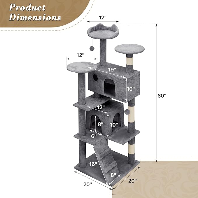 Athena Collection Modern Cat Tree Tower, 60 Inch Tall Cat Tree Climbing Tower with Scratching Post 2 Condo Multi-Level Activity Center and Playing Ball for Indoor Large Adult, Dark Grey