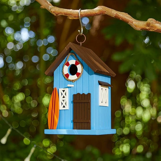 Glitzhome Bird Houses for Outside,10" H Modern Solid Wood Hand Painted Hanging Bird House Beach Hut Decorative Pet Cottage Outdoor Garden Birdhouse for Finch Bluebird Cardinals,Blue