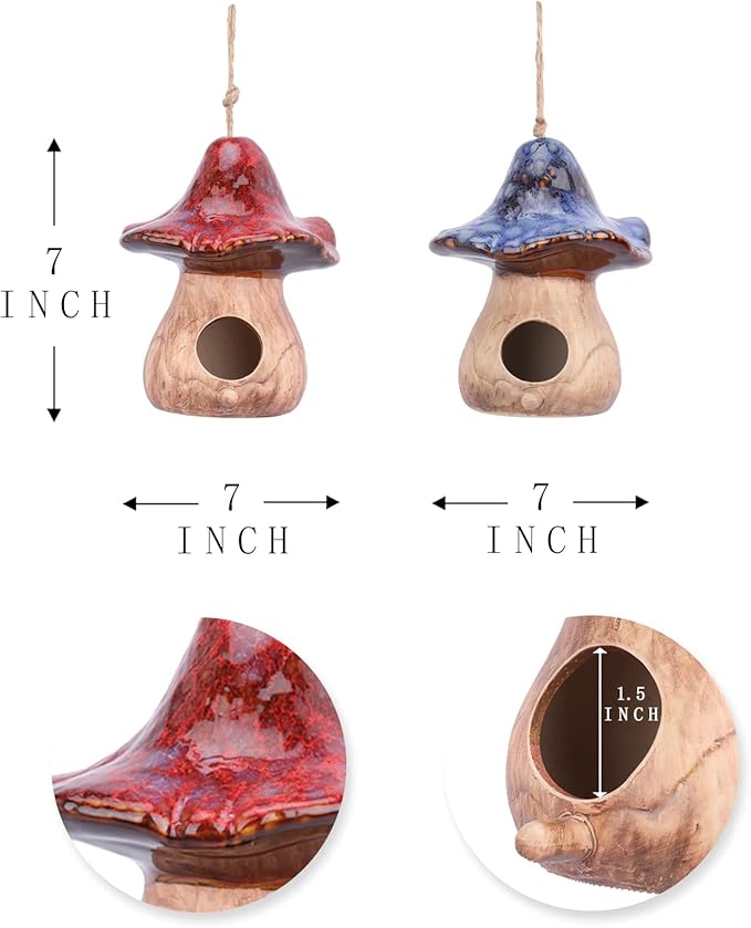 Yinns Birdhouses - Hanging Bird House, Set of 2 Bird Houses for Outside, Decorative Mushroom Bird House Blue and Red Ceramic Birdhouses for Wild Birds, Finch, Cardinal, and Bluebird