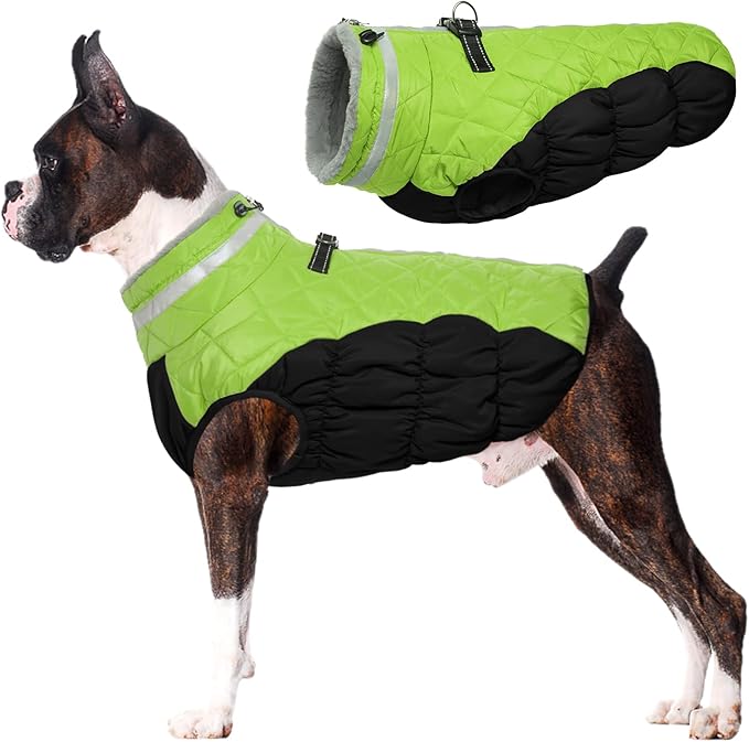 Lelepet Dog Coat Warm Dog Winter Coat Waterproof Dogs Jacket with Harness Built in Reflective Pet Fleece Vest Zip-Up Cold Weather Coats for Large Dogs Turtleneck & Windproof Coats Boston Terrier Lime