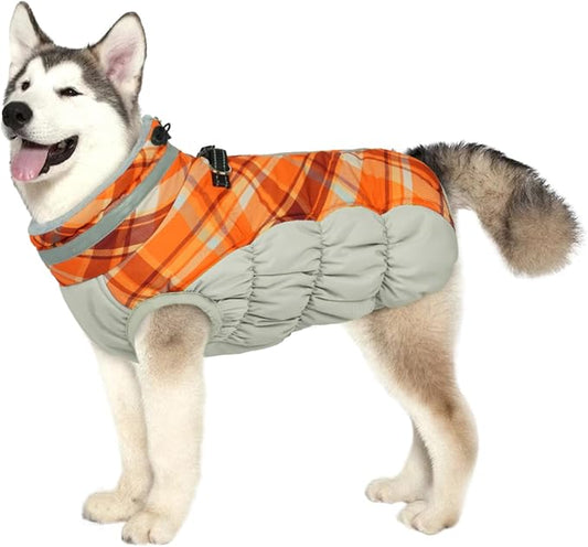 Lelepet Dog Coat Warm Dog Winter Coat Waterproof Dogs Jacket with Harness Built in Reflective Pet Fleece Vest Zip-Up Cold Weather Coats for Large Dogs Turtleneck Windproof Coats Pitbull Orange Plaid