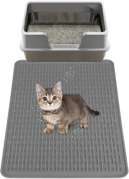 MEWTOGO Easy Clean Silicone Cat Mat for Litter Box - 23.4" x 15.6" Waterproof Non-Slip Kitty Litter Trapping Mat for Protecting Floor, Less-Mess Food Water Mat for Indoor, Gray