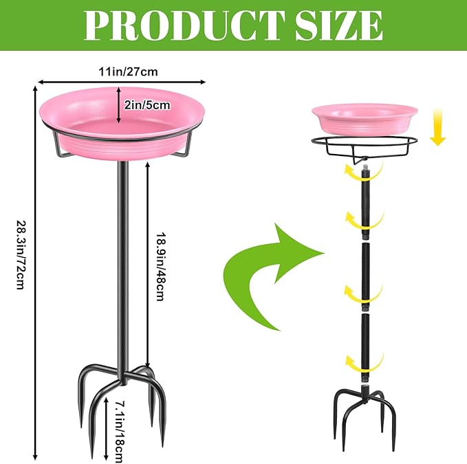 28In Freestanding Birdbaths Bowl Outdoor, Standing Garden Bird Bath Bird Feeder Bowl with Metal Stake, Detachable Decoration Spa Birdfeeder for Garden Patio Yard Lawn, 4 Spiky Feet (Pink)
