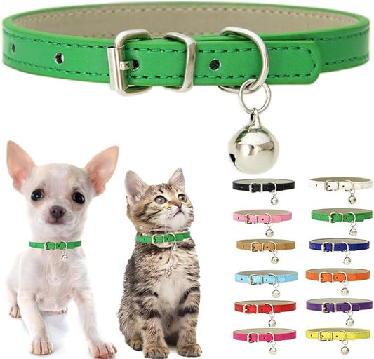 Green XXS Dog Collar with Bell, Soft Pu Leather Cat Collars Adjustable Buckle for XS Extra Small Medium Tiny Female Male Boys Girls Pets Puppy Kitten Teacup Yorkie XX-Small