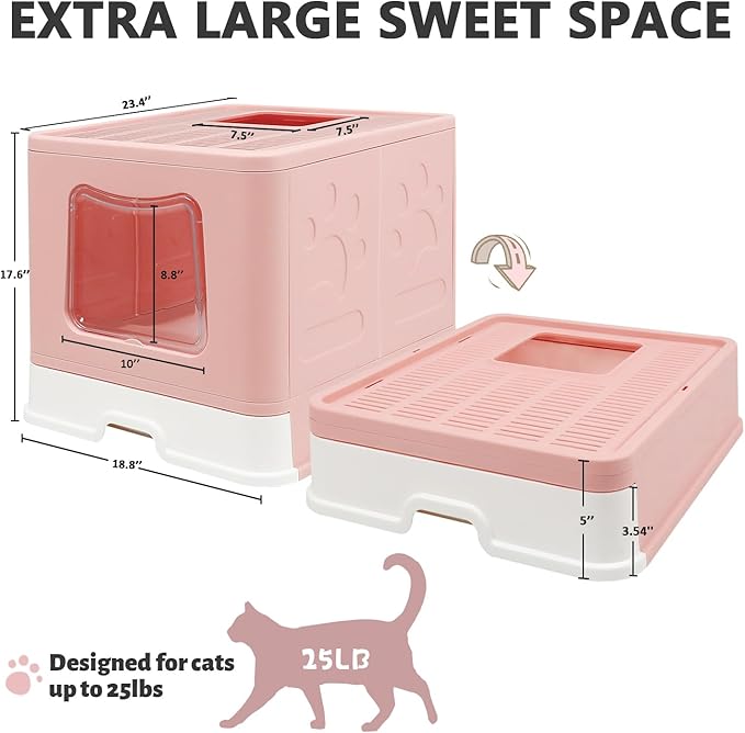 XL Foldable Cat Litter Box with Lid - Jumbo Enclosed Potty - Top Entry Anti-Splashing Toilet - Includes Scoop & 2-in-1 Cleaning Brush (Pink)
