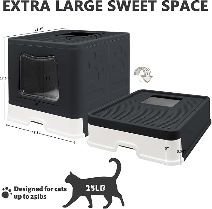 XL Foldable Cat Litter Box with Lid - Jumbo Enclosed Potty - Top Entry Anti-Splashing Toilet - Includes Scoop & 2-in-1 Cleaning Brush (Black)