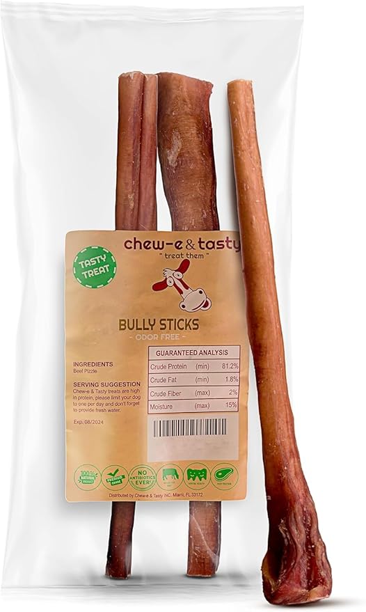 chew-e&tasty 12" Monster Odor Free Bully Sticks (Pack of 2) - Long Lasting Beef Chews - Made of Digestible High Protein & Low Fat Dental Treats Bully Sticks for Large to Very Large Dogs