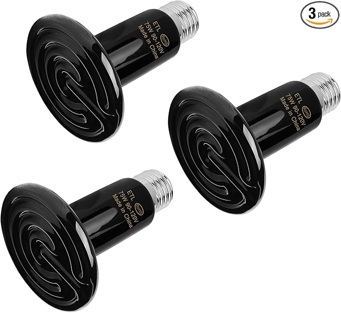 WUHOSTAM 3 Pack 75W Black Ceramic Heat Lamp, Infrared Reptile Heat Emitter Heater Lamp Bulb for Pet Brooder Coop Chicken Lizard Turtle Snake Aquarium ETL Listed