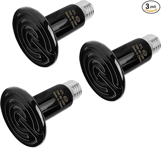 WUHOSTAM 3 Pack 75W Black Ceramic Heat Lamp, Infrared Reptile Heat Emitter Heater Lamp Bulb for Pet Brooder Coop Chicken Lizard Turtle Snake Aquarium ETL Listed