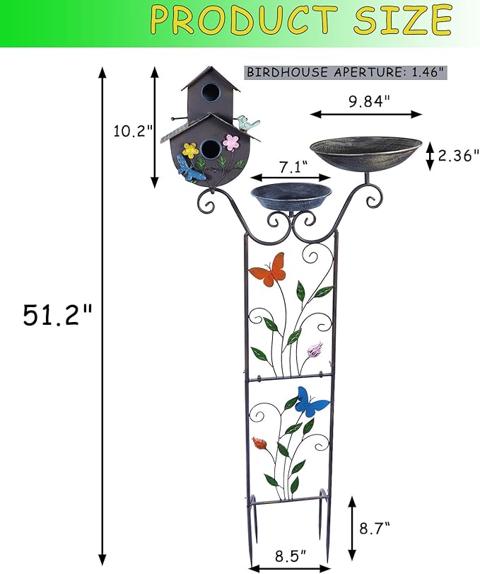 52" H Bird Bath and Metal Birdhouses for Outdoors,Metal Standing Bird Bath Feeder and Climbing Plant Trellis 4-in-1,Garden Yard Decor