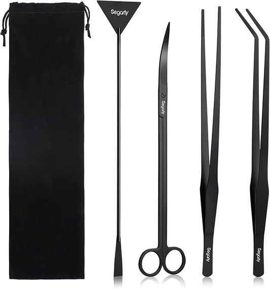 Segarty Longer Aquarium Aquascaping Tools, 4 in 1 Stainless Steel Black Aquarium Tools Kit for Aquatic Plant Fish Tank, Long Scraper Spatula Feeding Tweezers Curved Scissors Anti Rust Aquascape Set