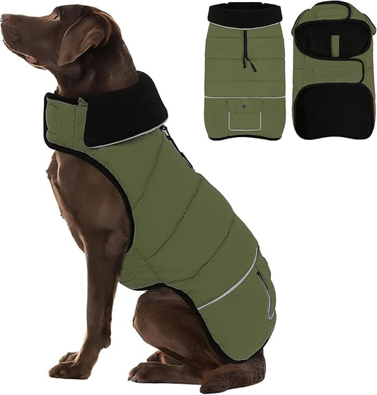 Dog Coat, Large Dog Jacket, Windproof Dogs Puffer Jacket, Fleece Lined Warm Dogs Winter Coat with Harness Hole (Army Green XL)