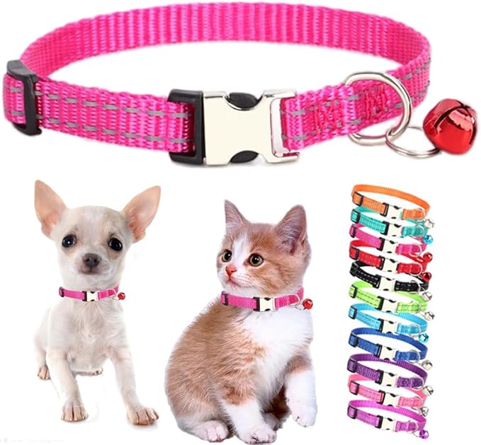 Hot Pink XS Dog Collar with Bell, Reflective Nylon XSmall Puppy Collars Soft Adjustable Buckle for XXS Small Puppia Female Tiny Pets Cats Girl Kitten Yorkie X-Small