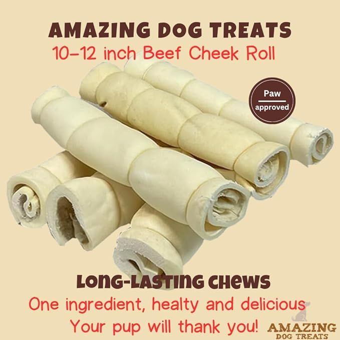 Amazing Dog Treats - Beef Cheek Rolls (10 Inch Regular - 4 Pcs) - Safe Rawhide Alternative Dog Chew - Great for Power Chewers - Long Lasting Dog Chew - Retriever Rolls for Dogs