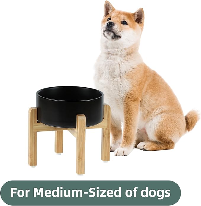 Ceramic Raised Dog Bowl Set, Elevated Dog Bowl with Stand, Food and Water Bowl for Medium Breed Dogs, Weighted Dog Dishes, Pet Bowl(7.3'',41OZ, Black)