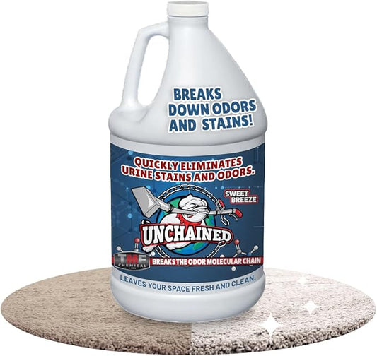 Unchained Urine Stain & Odor Remover Liquid Concentrate - Oxygen Based Odor Control Formula, Pet Smell Eliminator, Ideal for Carpets, Concrete, or Furniture, Sweet Breeze, 1 Gallon