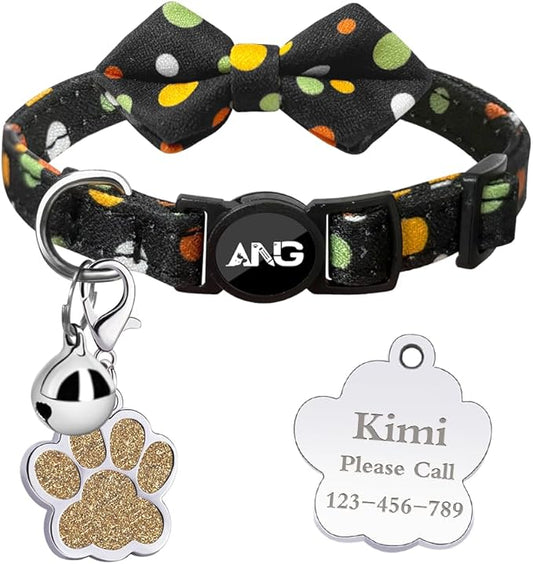 Personalized Breakaway Cat Collars - ID Tag, Bell, Bowtie - Safety Quick-Release, Customized for Girls & Boys Cats (Polka dot-Black)