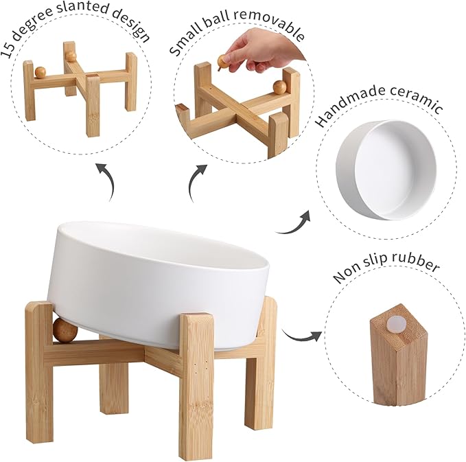White Elevated/Raised 15°Tilted Anti Slip Ceramic Dog Bowl for Medium & Large Breeds,Slanted Bulldog Big Face Pet Food Water Feeding Dish with Stand (7.6 Cups/60OZ)