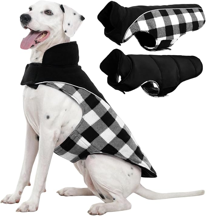 Kuoser Dog Winter Coat, Reversible Waterproof Dog Jacket with Reflective Strip, Warm Dogs Fleece Vest Adjustable Doggy Cold Weather Clothes Plaid Christmas Outfit Pet Apparel for Large Dogs, Black 2XL