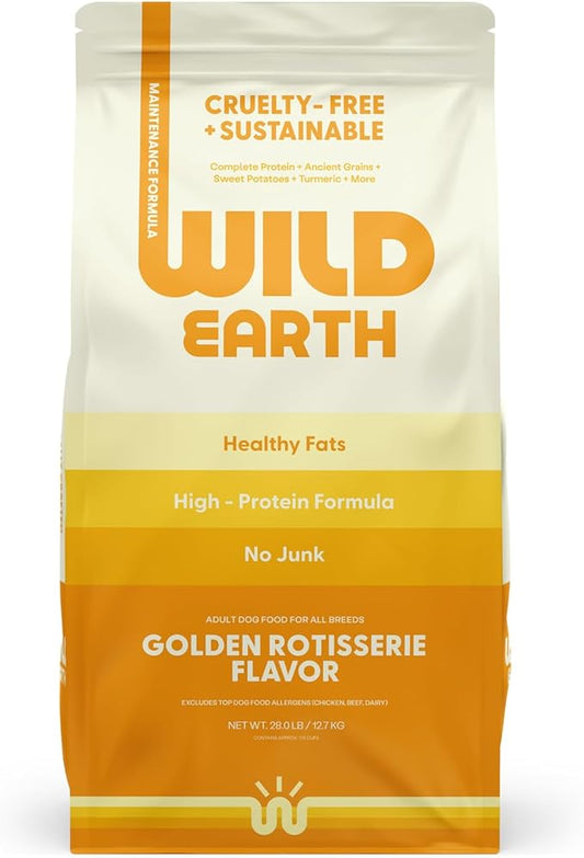 Wild Earth Vegan Dry Dog Food | Plant-Based Maintenance Formula | Vegetarian, Allergy Relief, Veterinarian-Developed for Complete Nutrition | Golden Rotisserie Flavor, 28 Pound Bag