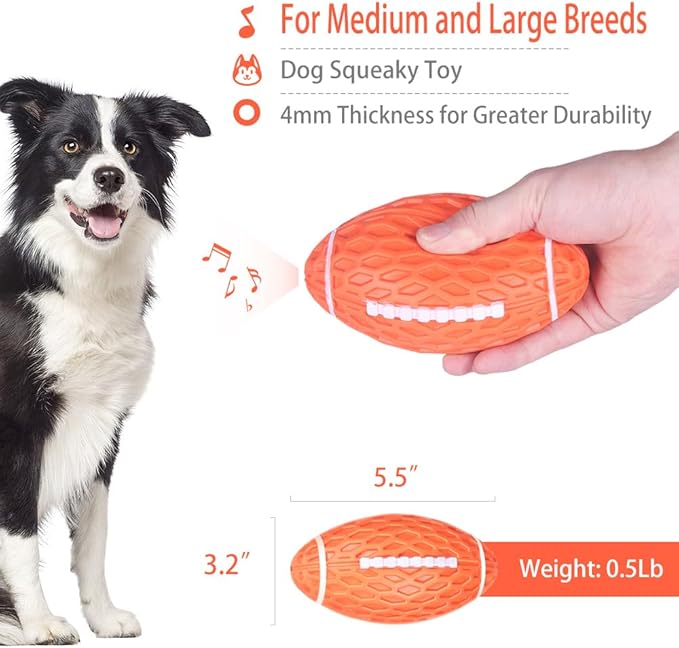 AUSCAT Squeaky Dog Football Toy for Aggressive Chewers, Tough Rubber Dog Ball for Medium Large Dogs, Green, Large, 5.5"