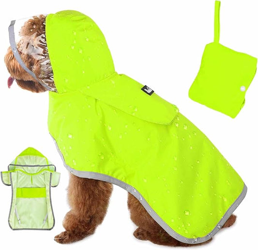 Lukovee Dog Raincoat, Adjustable Dog Rain Jacket with Clear Hooded Double Layer for Large Medium Small Dogs Puppies, Waterproof Rain Coat Poncho with Reflective Storage Pocket & Rim (Green, XS)