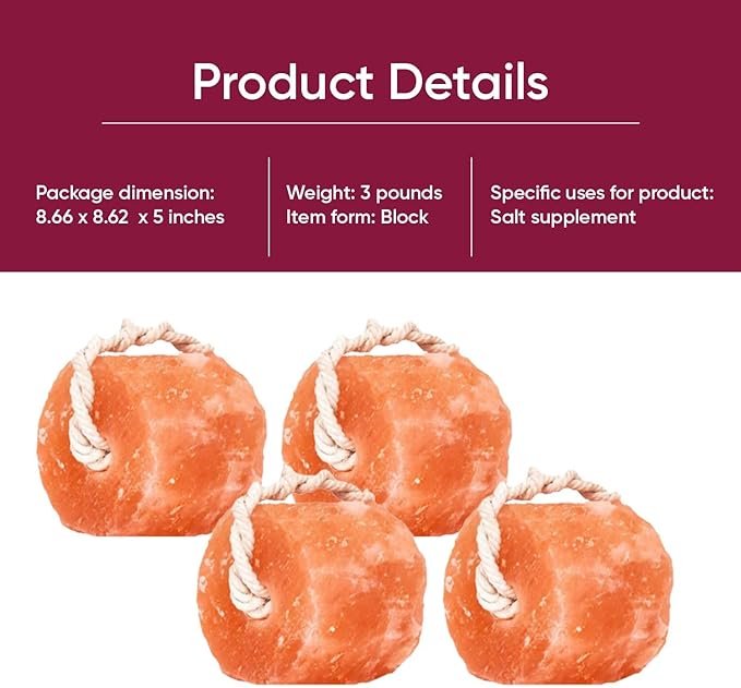 Himalayan Mineral Salt Block on Rope Pack of 4 (3lbs each) – 100% Organic Pink Salt Lick for Horses and Livestock. Deer Attractant with No Harmful Elements.