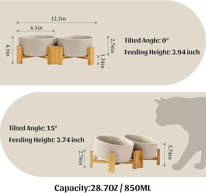 SPUNKYJUNKY 15° Slanted Ceramic Dog and Cat Bowl with Wooden Stand, Tilted Bulldog Food and Water Bowl No Slip Non-Spill for Cats Medium Dogs Big Face Pets 28.7 OZ (3.6 Cups, Grey × 2)